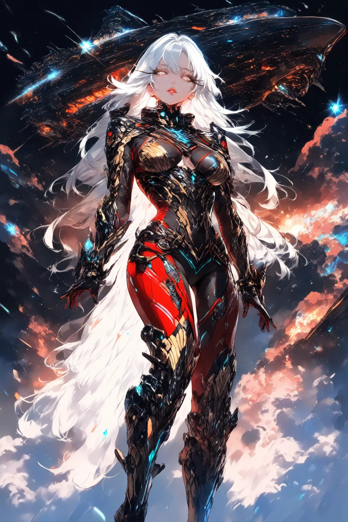 a woman with golden white hair, beautiful detailed eyes, beautiful detailed lips, extremely detailed face, long eyelashes, wearing a matte red space suit, standing in front of a space battleship in a galaxy, (best quality,4k,8k,highres,masterpiece:1.2),ult...