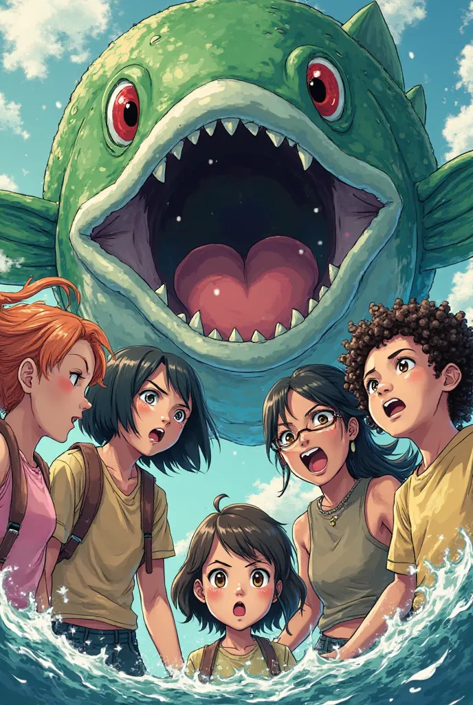 Pokemon-style manga cover featuring five girls, one with short hair, one with long black hair, one with braces, one black, and one with curly hair. All looking fearfully at a Magic Carp Pokemon