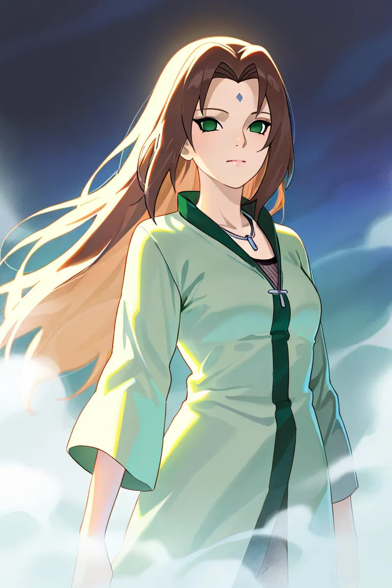 Digital artwork, Naruto anime style.  A woman with long brown hair, fair skin, and vivid green eyes, wearing a dark and light green outfit and a silver necklace. The image features a soft dreamy atmosphere with iridescent colors, a thick fog, a cast bronze...