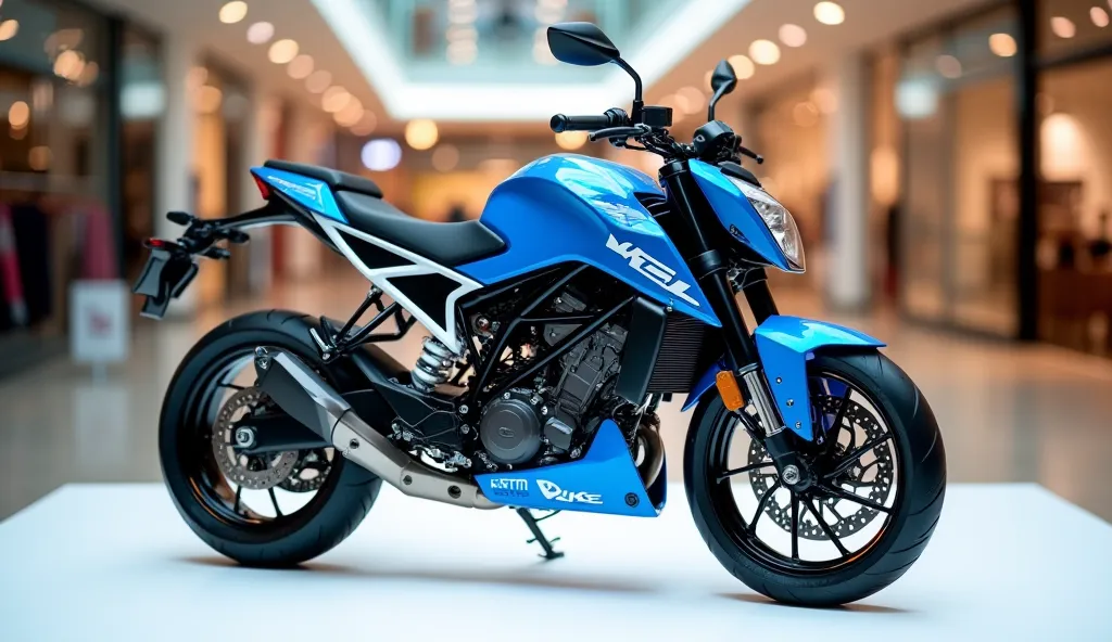 A frint  full view photo of a blue 2025 ktm Duke 200 with a sleek, full modified, modern design. The bike is parked on a white surface. The background is a shopping mall with white lights. The photo reveals the luxurious interior. The overall ambiance is s...