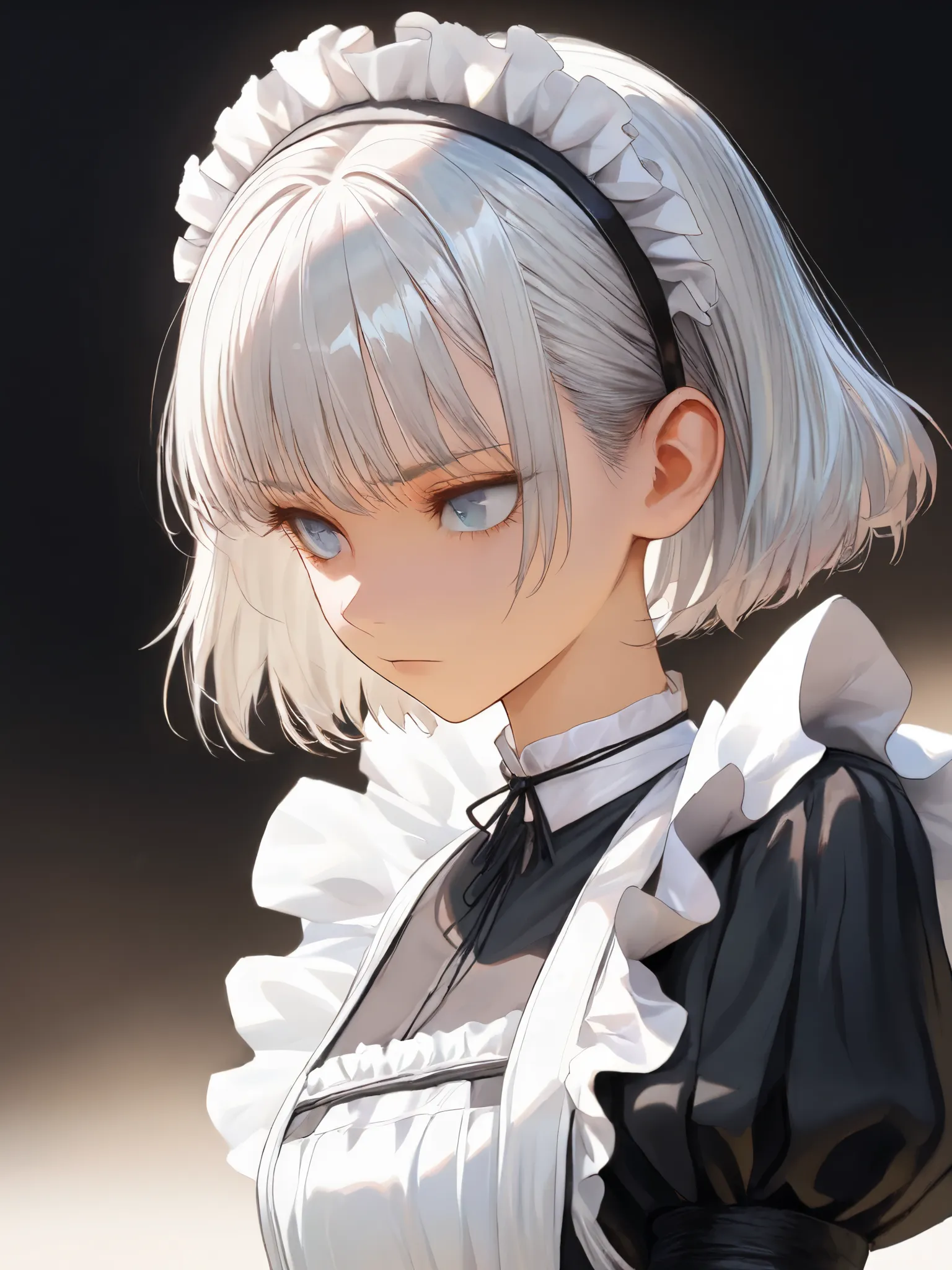 (French-maid:1.3), young cute girl, A dark and quiet palace in the middle of the night,  Silver Hair, head band, (Ultra High Definition:1.1) , (High Resolution:1.1), Background blur, upper body,