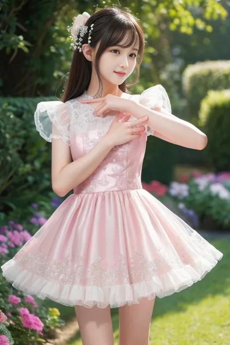 ((top quality)), ((masterpiece)), ( details), 1 person, cute,White Beauty ,Flower Garden,photon mapping， Jill Stuart pink lace and ruffle dress，high contrast、 glitter、is raising her arms and showing her sides、I'm looking at this