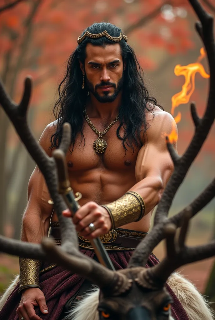 The picture features a strikingly handsome Irish man with a muscular build and a well-defined chest lightly covered with hair. His long, jet‑black hair cascades down his back in sleek waves, shimmering in the soft light filtering through ancient, red‑leafe...