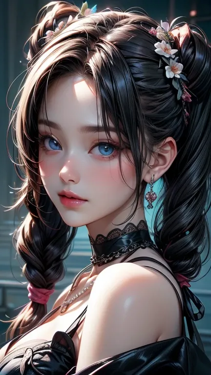 (best quality, ultra-detailed, photorealistic: 1.39), (Korea's Beautiful Women) Gothic ta portrait, long black braided pigtails, flower hair accessories, pale skin, rosy cheeks, blue eyes, pearl earrings, choker necklace, layered necklaces, black lace glov...