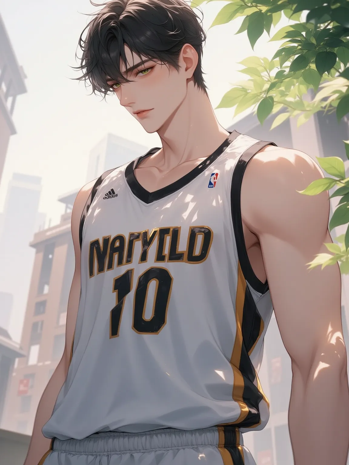 A handsome male basketball player with a tall, athletic build. He has sharp facial features and an intense, focused expression. He is wearing a professional basketball uniform, consisting of a sleeveless jersey and matching shorts. His stance is confident ...