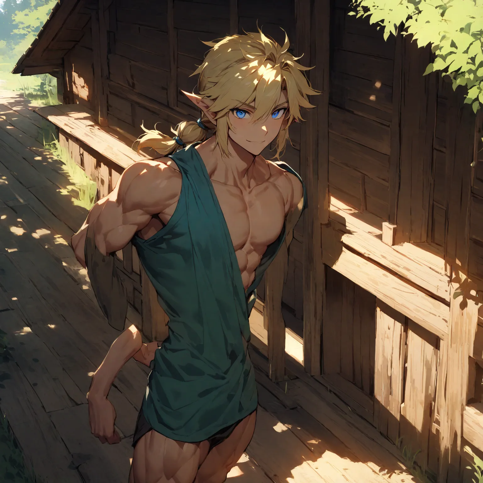 Link from Legend of Zelda

Male, solo, 1boy, very tall, insanely handsome, very toned muscles, extremely Athletic, insanely beautiful

Messy blonde hair tied in a small ponytail. Sharp blue eyes. perfectly symmetrical face. Looking at camera with a warm sm...