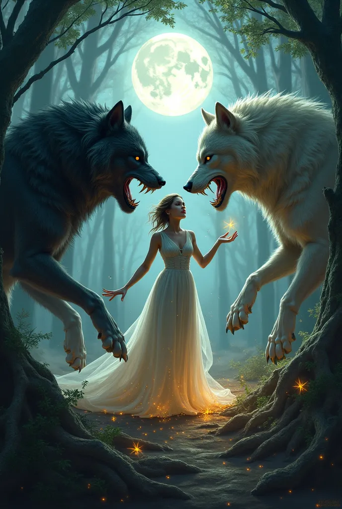 buat cover buku yang menggambarkan vampir dan  werewolf  sedang berperang. also add a beautiful girl who is a sorcerer as a mediator. create a balanced image between vampires,  werewolf , and beautiful girl 