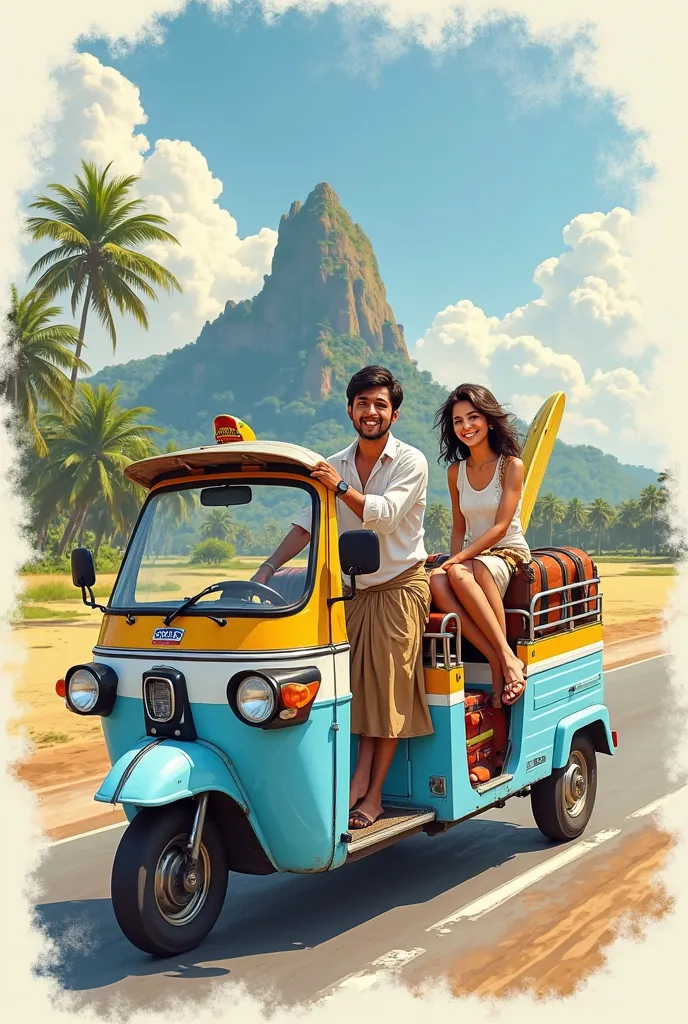 Here’s a refined description for your AI-generated image based on your preferences:

**Description:**  
A cheerful Sri Lankan Tuk Tuk driver with a distinctly Asian facial features, wearing traditional Sri Lankan attire (such as a sarong and a crisp white ...