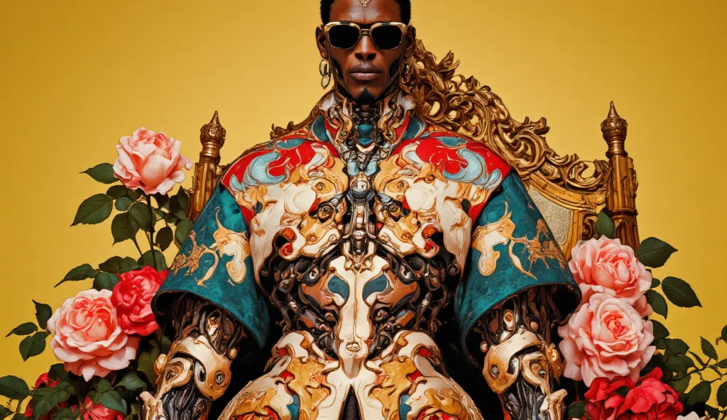 A full body vogue magazine photo shoot of a humaniod robot woman, styled in a vibrant, floral, ornate, baroque-inspired jacket, posing amidst a profusion of lush, highly saturated roses. The jacket's design features a complex interplay of rich colors like ...