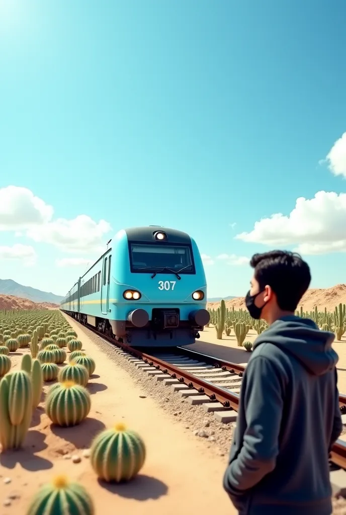 8k realistic ultra HDR A light-blue train, number 307, is speeding along railroad tracks in a desert landscape. Many small, green cactus plants are on the train tracks, some are being pushed or rolled forward by the train. The train is in motion, with a se...