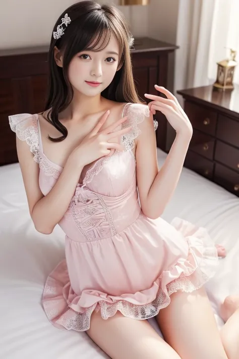 ((top quality)), ((masterpiece)), ( details), 1 person, cute,White Beauty ,Flower Garden,photon mapping， Jill Stuart pink lace and ruffle dress，Delicate lace underwear、high contrast、 glitter、(((I'm looking at this)))、bedroom、Lying in Bed、is spreading her l...