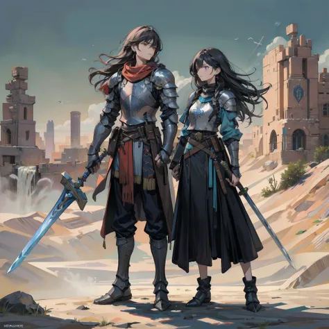 A couple of knights.  The male knight has short black hair and holds a sword in his both hands. He has a strong build.  The female knight has long curly brown hair, wears earrings, and holds a scepter in her hand. She has a slim figure.  Two people fell fr...