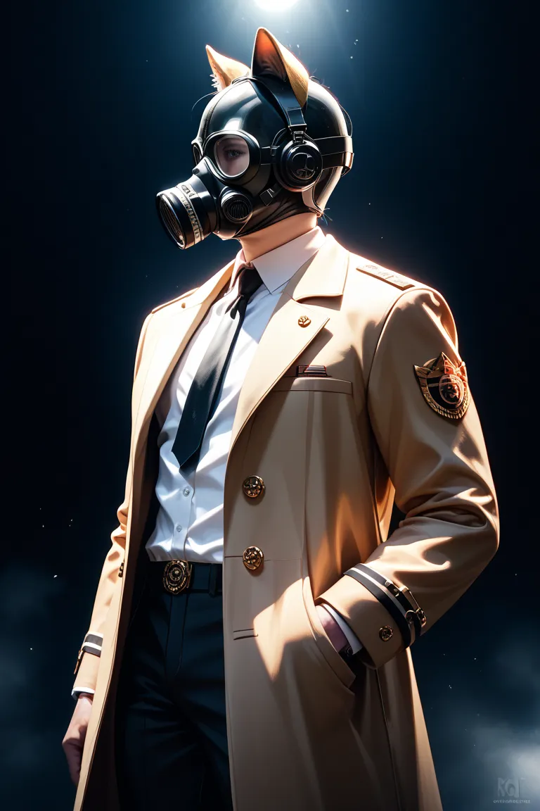  Gold,Cat ears, neutral, Tall,suit, GAS MASK,black tie, black pants ,solo,greatest masterpiece, standing,short hair,long coat,8k,high quality,anime chick,simple agent profile,scene camera,cool expression, Metallic ,dark atmosphere,dark background,Realistic...