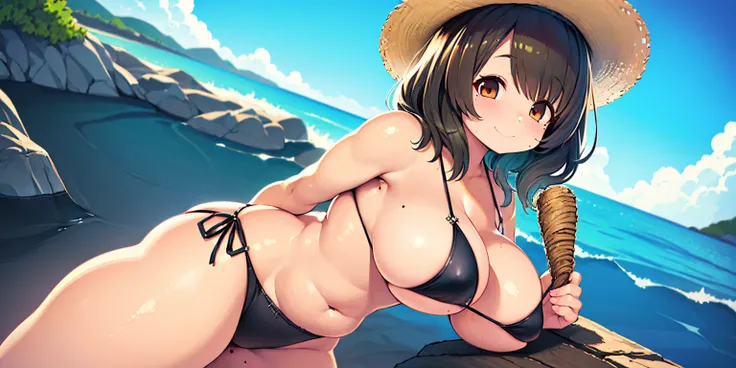 (((Masterpiece:1.3, Best Quality, hight resolution, nffsw, Perfect Pixel,  4K, nffsw, nffsw))), 1girl in,{{anime, covered chest, low angle, whole body, dutch angle, source_anime, outdoors, beach, sea, colorful, vibrant, blurry background, looking at viewer...