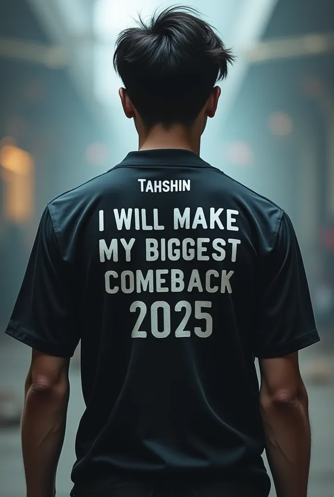  he show his back side and In this image you will write name Tahshin on shirt and you also write  I will make my biggest comeback 2025