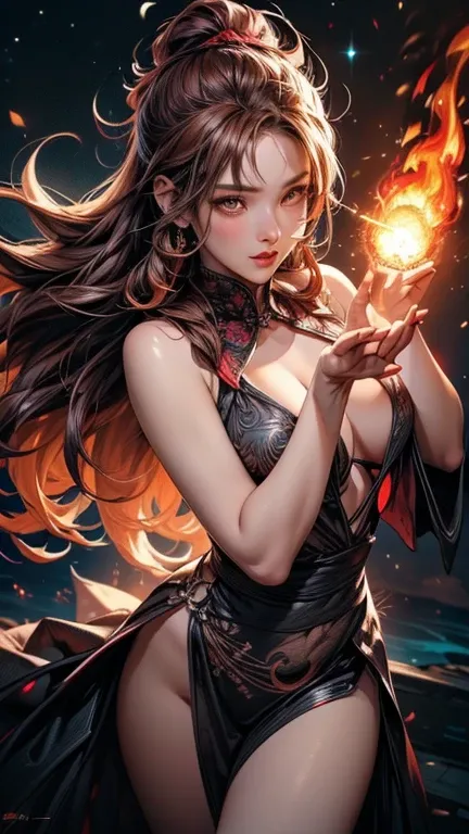 (best quality, ultra-detailed, photorealistic: 1.39), Supremely beautiful, a graceful alluring goddess of fire dancing in her divine element, a cosmic backdrop with swirls of flames and fire. burning embers emanating from her hands, she is dressed in color...