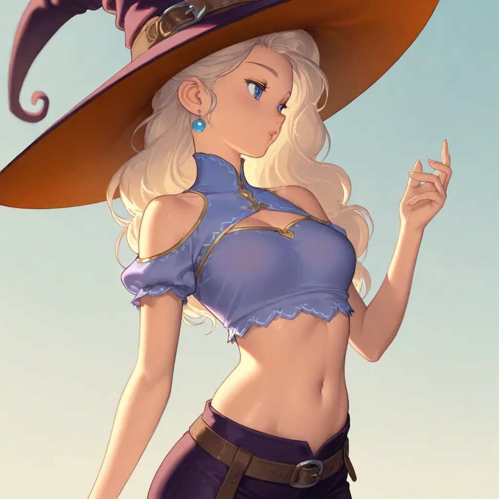 1girl, witch, sexy and cute, navel, fantasy, Fairytale worldview, high neck shirt, crop top, (masterpiece, best quality, ultra detailed),