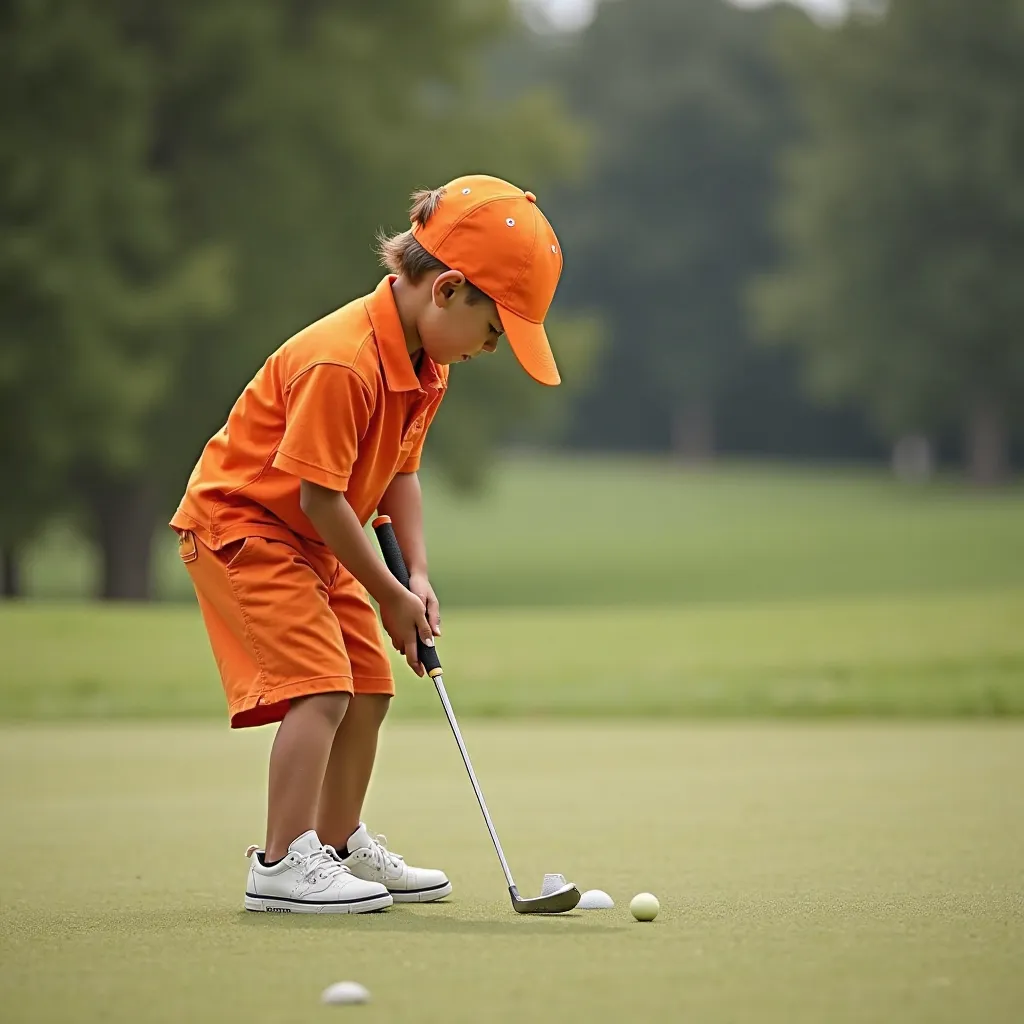 man  in a bright orange golf polo and cap, getting ready to putt, but he’s too eager and accidentally taps the ball with his club before lining up: A boy in a bright orange outfit, lining up to make a putt, but he’s so eager that he taps the ball a little ...