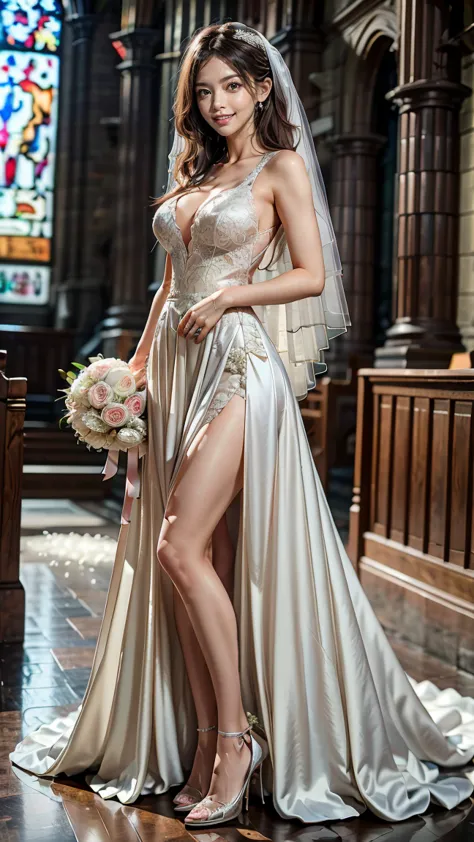 A beautiful young Japanese woman, 26 years old, with healthy thighs, beautiful legs, flawless skin, random hair color and style, large breasts, wearing a (wedding dress:1.3), (she is standing:1.2), full body shot, high heels, holding a bouquet in her hands...