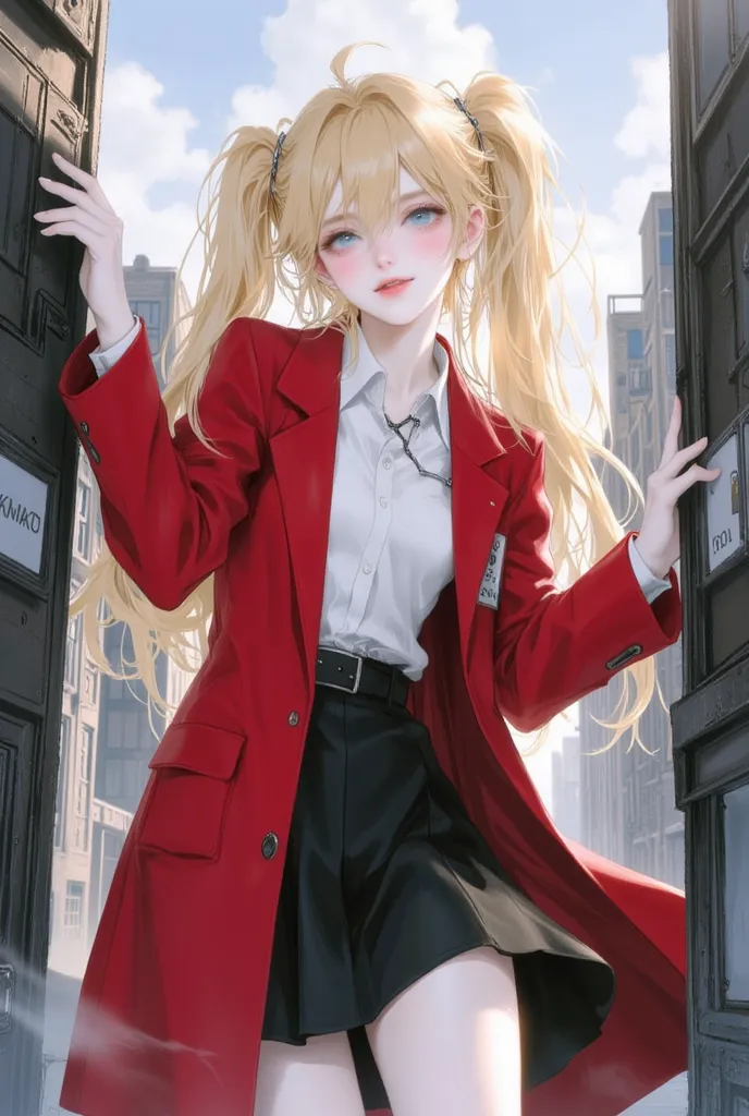  ,1. เด็กwoman ,    woman, Molding    , Body Proportion, , , , blue eye color with tight grip.,  , Yellow-white skin      ,  long blonde hair   ,   twintel hairstyle ,   Smiling Face,  ,  is wearing a red engineering shop coat.,  workshop shirt ,   Black A...