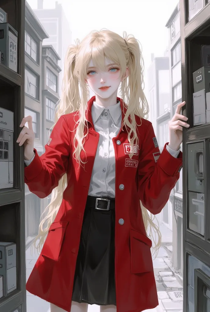  ,1. เด็กwoman ,    woman, Molding    , Body Proportion, , , , blue eye color with tight grip.,  , Yellow-white skin      ,  long blonde hair   ,   twintel hairstyle ,   Smiling Face,  ,  is wearing a red engineering shop coat.,  workshop shirt ,    black ...