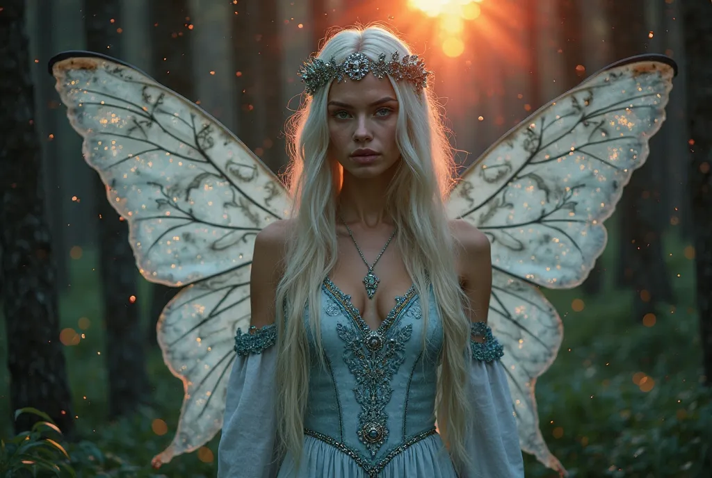 Photography.
A beautiful medieval style woman with white-blonde long hair and light gray eyes. She have got big fairy wings, with baby blue ornaments and glitters. Long fairy medieval dress. She is deep in the forest.  Dark from the shadow of the trees. So...