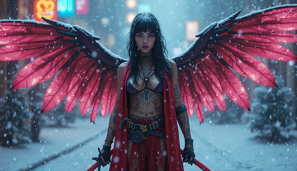 Cleopatra dressed as Spiderman, cat, with katana, hipster, in the tattoo , full length, cyberpunk 2077, лицо in the tattoo ,  cybernetic, dark angel with wings, in a cyberpunk, Cybergirl , magical beauty, neon, snow falls,  lots of snow, neonовые частицы