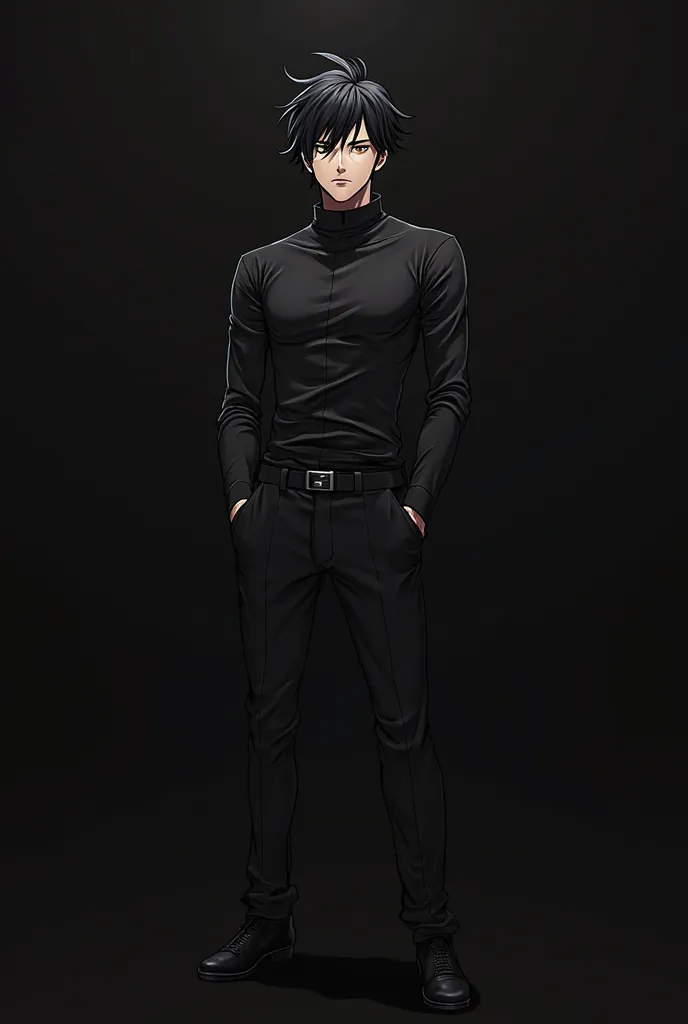 a adult tall handsome cute guy in a full black out fit with black hears anime charter
