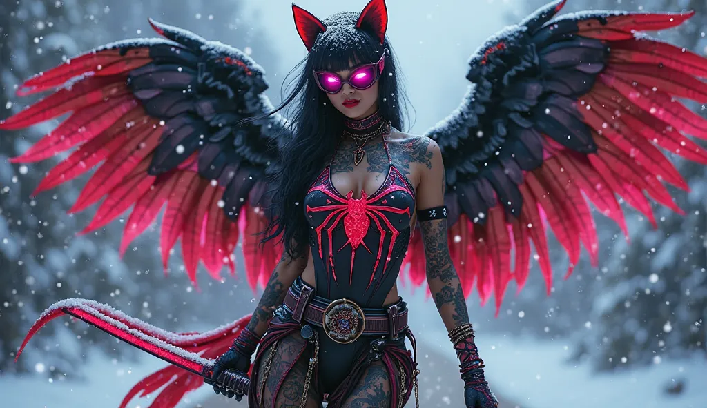 Cleopatra dressed as Spiderman, cat, with katana, hipster, in the tattoo , full length, cyberpunk 2077, лицо in the tattoo ,  cybernetic, dark angel with wings, in a cyberpunk, Cybergirl , magical beauty, neon, snow falls,  lots of snow, neonовые частицы