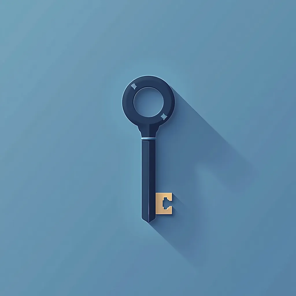 Create a minimalist tech-flat style icon of a stylized key with a circular handle. Use only colors from this palette: #F7CA95, #FFFFFF, #A6C4E4, #125092 on a #F9F7E7 background. The key should be predominantly navy blue (#125092) with its shaft designed to...