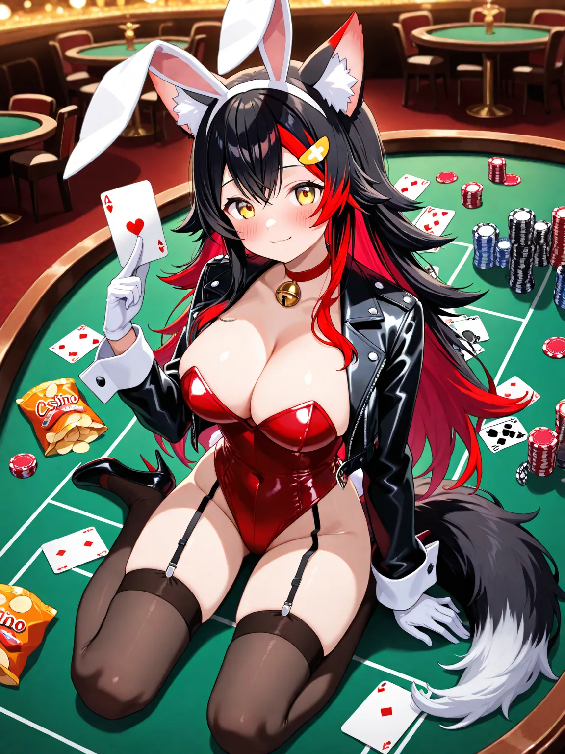 Solo female, Ogami Mio (HoloLive), {{{black cropped leather jacket, black mini jacket, red and white bunny girl outfit, red and white bunny ears headband, white gloves, stockings, garter straps}}}, {{wolf ears, wolf tail, wolf girl, black hair, red hair, l...