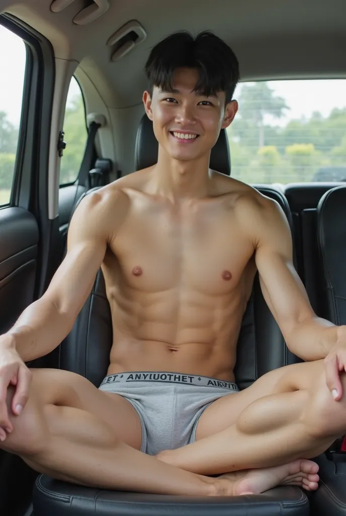 cute young korean boy, tight short underwear, bulge, spreading legs wide, smirk, sitting, oiled up, in car, 