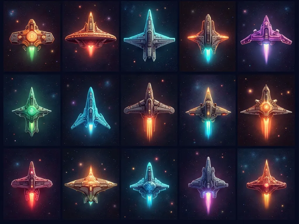 Create a 10 x 10 grid of universe starships and spaceships with a border around each starship or spaceship. Create colorful lights from the rainbow on the starships or spaceships at 100 x 100 pixels each. Use a darker color tone.