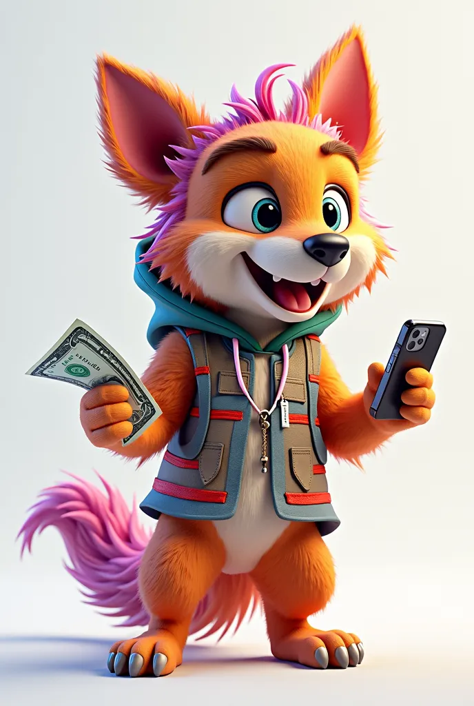 Movie , animal 3D vibrant dog, with costume ,with cell phone and money in hand . white background 