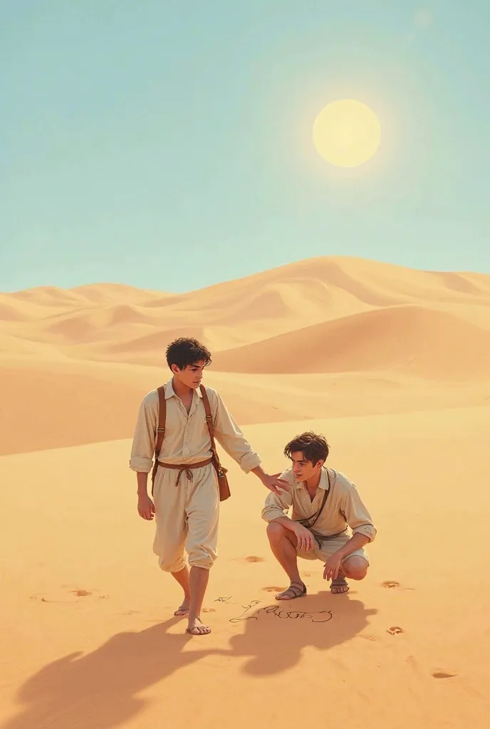 "A vast desert landscape with rolling sand dunes under a bright sun. Two young male friends, dressed in light desert travel clothes, are walking. One friend, with short dark hair and a serious expression, is angrily slapping the other, who has slightly lon...