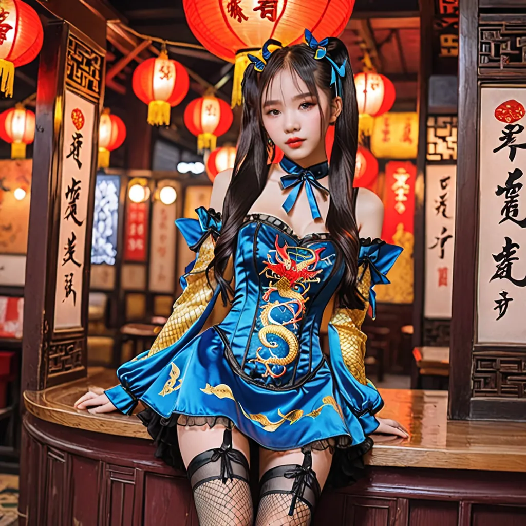  twin tails with braids、 New Chinese Mini Dress ( Dragon Embroidery )、shiny corset、garter belt、 knee-high fishnet tights、boots、Butterfly wings are growing
