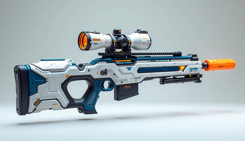 A futuristic bullpup sniper rifle, featuring a sleek, tactical design with a vibrant and high-tech aesthetic. The rifle has a white primary body, accented with blue and orange highlights, creating a striking contrast. The barrel and upper receiver are deep...