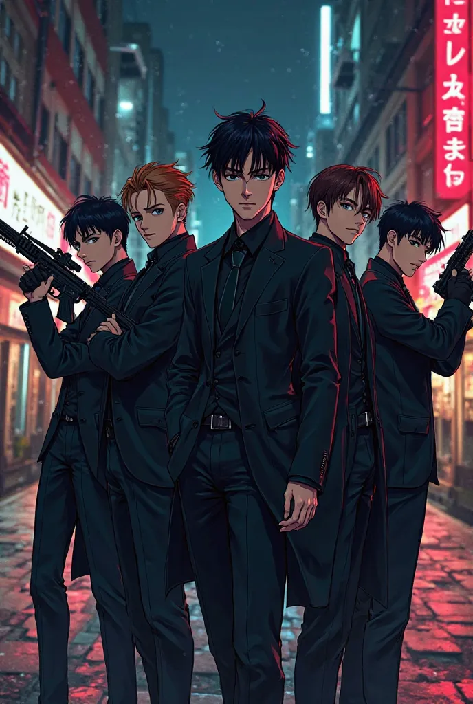 5 boys standing and wearing black coat and black pant and they all take gun in their hands and giving a gangster vibe at night in anime style 