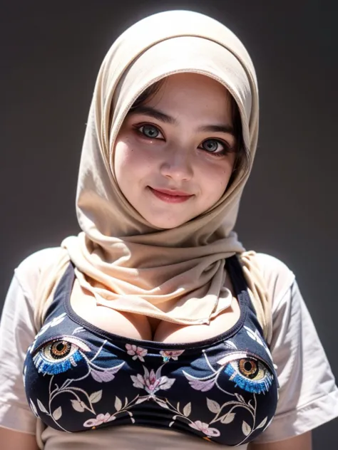 Jumbo (Singlet), Chubby adorable, 1 girl, (face to face), , baby face, happy, half body portrait, (face details: 1), (eye details: 1), ((big breasts)). wearing transparent transparency soft long shirt, hijab, .. Cute posed. proportional body. Ultra High Re...