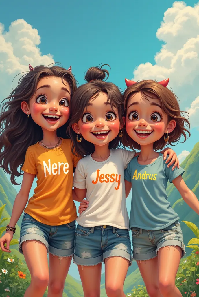 An image of a girl with the name Nere Written on the shirt another girl with the name Jessy written on the shirt a girl with the name Andrus on the shirt 