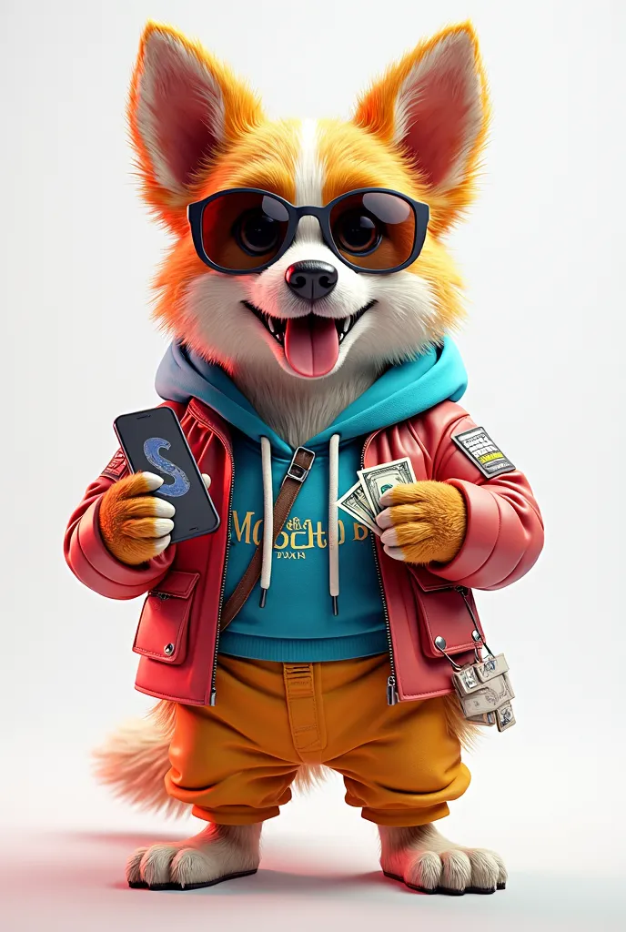 Movie , animal 3D vibrant dog, with clothes  ,with cell phone and money in hand . white background 