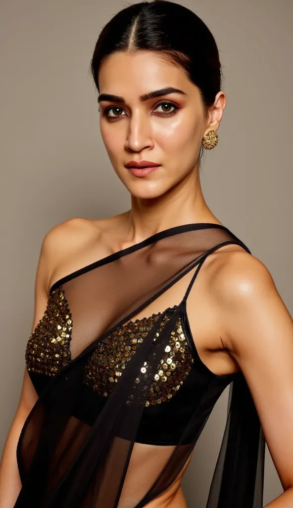 Generate a ultra realistic close up front image of a black transparent sleeveless saree. The blouse is golden colour with mirror sequins. It has no sleeves and has a golden satin finish with spaghetti straps. The woman is giving a sexy, seductive and bold ...