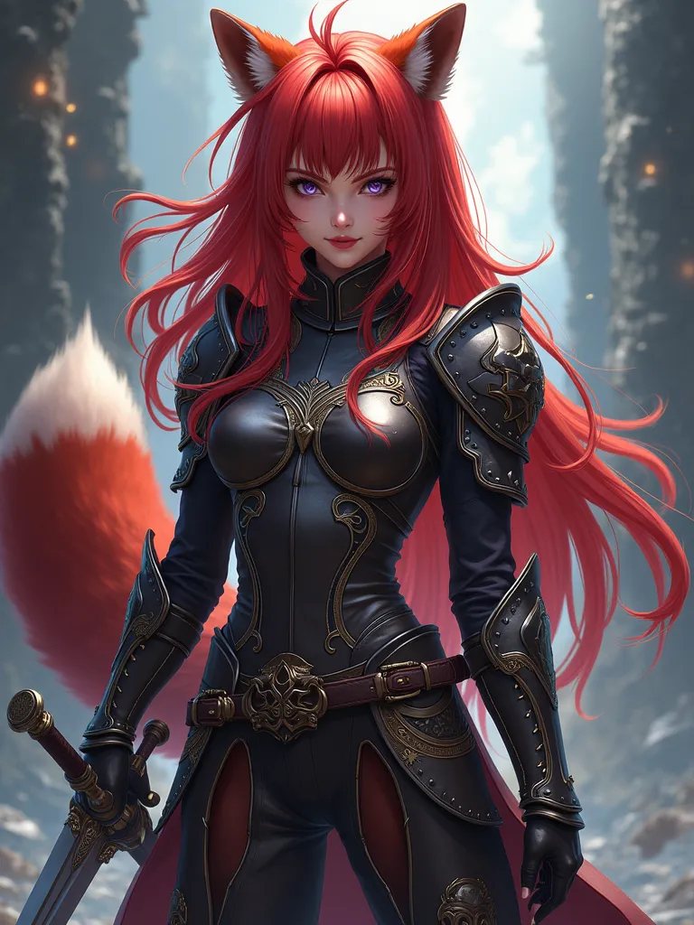 girl,  in leather armor, armed with a knight's sword,   Masterpiece , red hair, Long hair,  looking at the viewer,   violet eyes,  raccoon ears ,  Tanuki tail, Anime style