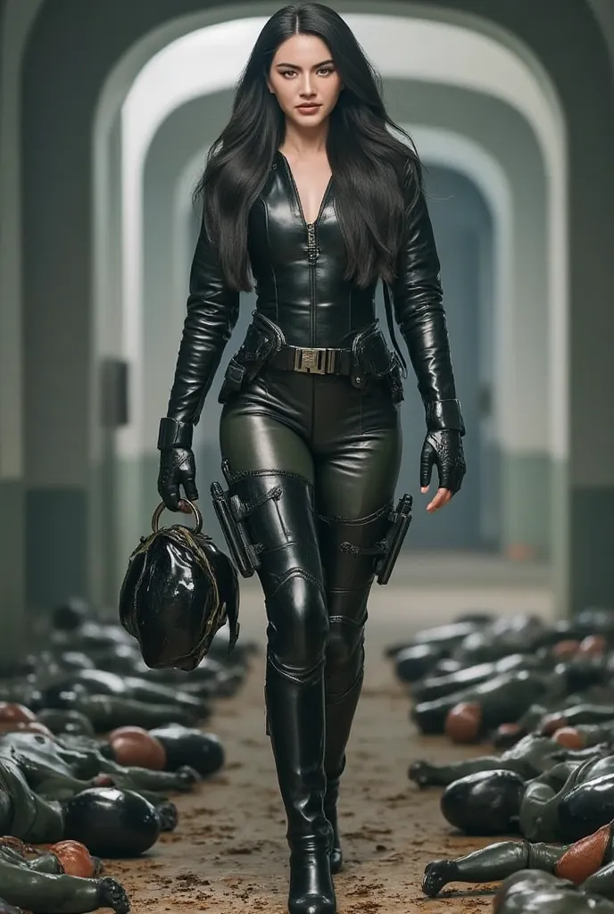 Realistic, A Very beautiful woman, woman very thick hair, woman very big breast, boy full face mask, woman swat suit, woman walking on pile of cadaver