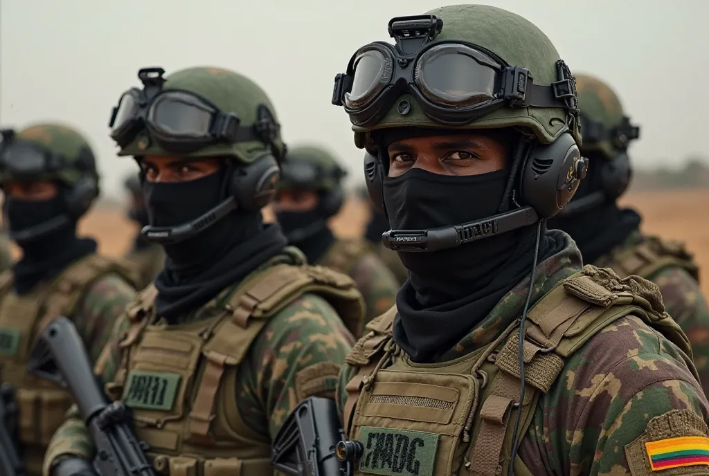 Les militaires comandos spécial force africains bien équipée casque moderne et écouteurs militaires et cagoule avec leurs tenues vert on a écrit FARDC au plus grand caractère