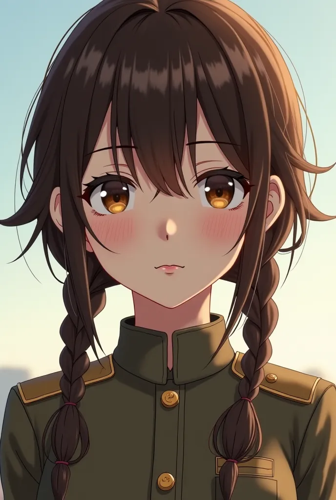 Anime girl with brown twin braids hair, brown eyes, brown military uniform, she stare at you. Microphotography screen pixel effect