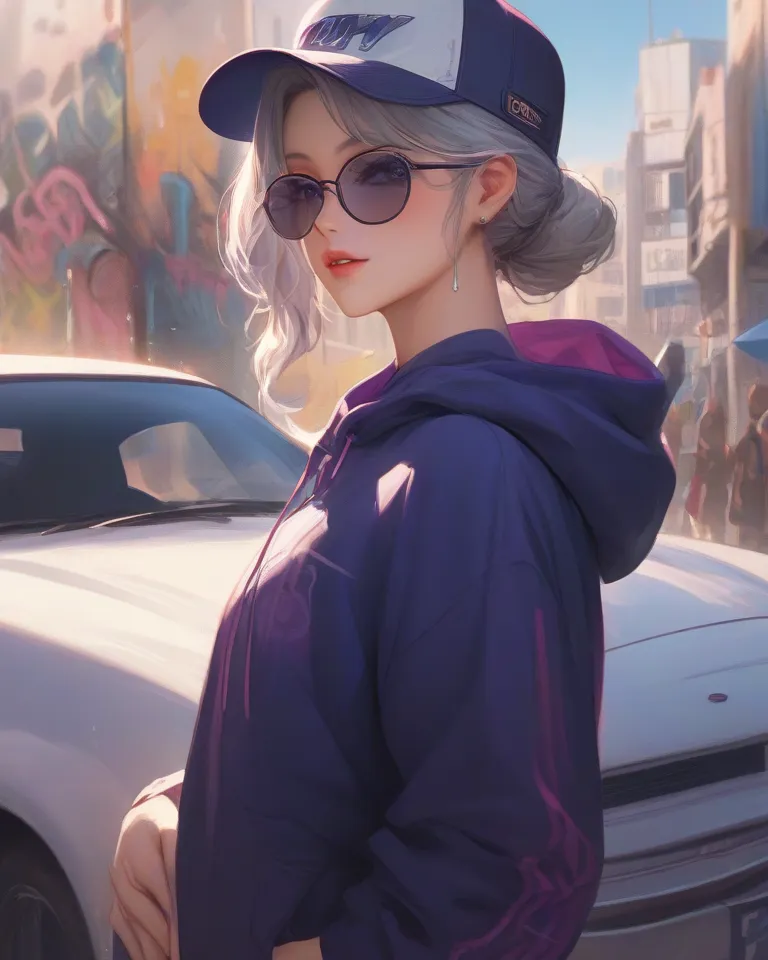 FULL HD HIGH DEFINITION、A handsome Korean boy and a beautiful Korean girl wearing a purple blue hoodie with colorful graffiti、gray hair、HIP HOP HAT、BLACK FASHION GLASSES、STANDING FACING BACK、STAND WITH SHARP EYES WITH THE NECK OF A JACKET、CHROME PURPLE FOR...