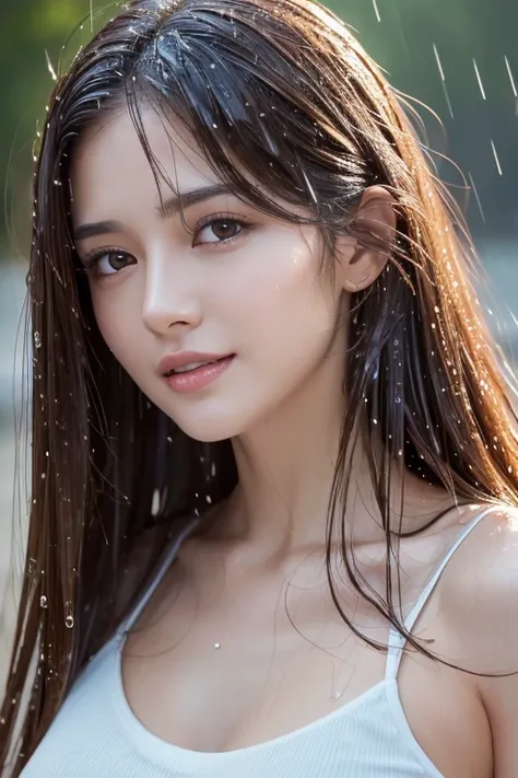 ( top quality, 4K,  Masterpiece   :1.3),  Pretty Woman,  1 girl ,  sexy :1.1,   lots of dark brown hair: 1.1, ( rain falling wet ,  wet in the rain,  wet body :1.2),   white tank top ,  super detailed face,  detailed lips from home,  detail eyes,  double e...