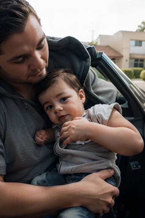 A man cuddles a baby Bulldog in an open hood car 