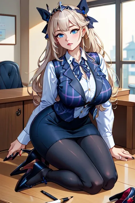 (masterpiece, best quality, absurdres, 4k, aesthetic, detailed, intricate),1girl,nikkecrwn,tiara, hair ribbon, long black drill hair, black hair, using a school uniform, Short frilled skirt, chest holster,
(Officelady、navy blue plaid vest、Dark blue ribbon、...